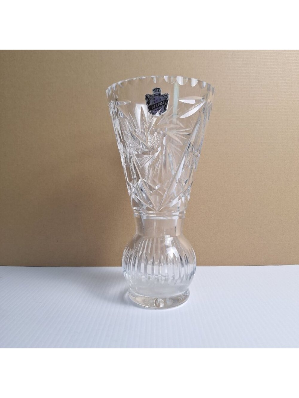 VINTAGE BELFOR HAND-CUT LEAD CRYSTAL VASE PINWHEEL AND STARBURST CZECHOSLOVAKIA